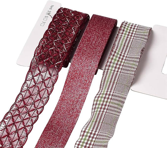 BEEFLYING 3 Styles Dark Red Wire Edged Ribbons for Gift Wrapping Decoration 25~28mm×2.7m Organza Ribbon Satrin Ribbon for Wedding Party Decoration Hair Bows Flower Designs Sewing and Craft, 9 Yards