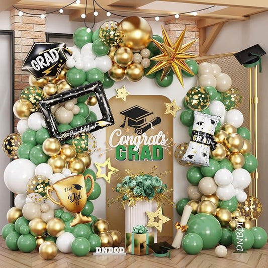 146Pcs Sage Green Gold White Graduation Balloon Garland Arch Kit,with Explosion Star,Diploma,Trophy,Grad Hat,Photo Frame Foil Balloon for Congrats Class of 2026 Graduates Celebration Party Decoration