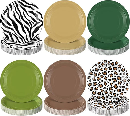 Funnymoom 60 Pcs 7 Inch Jungle Safari Paper Plates Forest Animal Plates Decorations Sage Green Brown Dessert Dish Disposable Tableware for Woodland Baby Shower Birthday Safari Themed Party Supplies