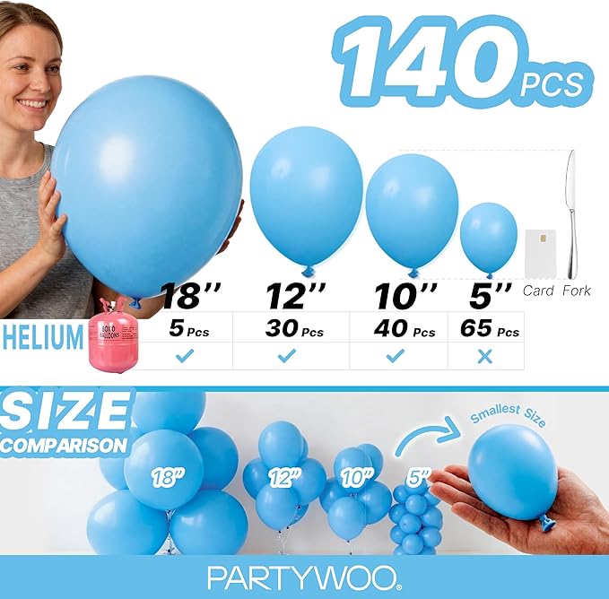 PartyWoo Light Blue Balloons 140pcs Different Sizes Pack of 18 12 10 5 Inch Baby Pastel Blue Balloon Arch Kit for Baby Shower Gender Reveal Graduation Mermaid Birthday Pool Party Decorations Blue-Y20