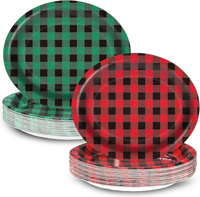 Red and Green Gingham Christmas Oval Paper Plates 10’’x 12’’ Large Disposable Heavy Duty Red and Green Gingham Plaid Paper Plates for Birthday Christmas Baby Shower Tea Party Supplies, 50 Guest
