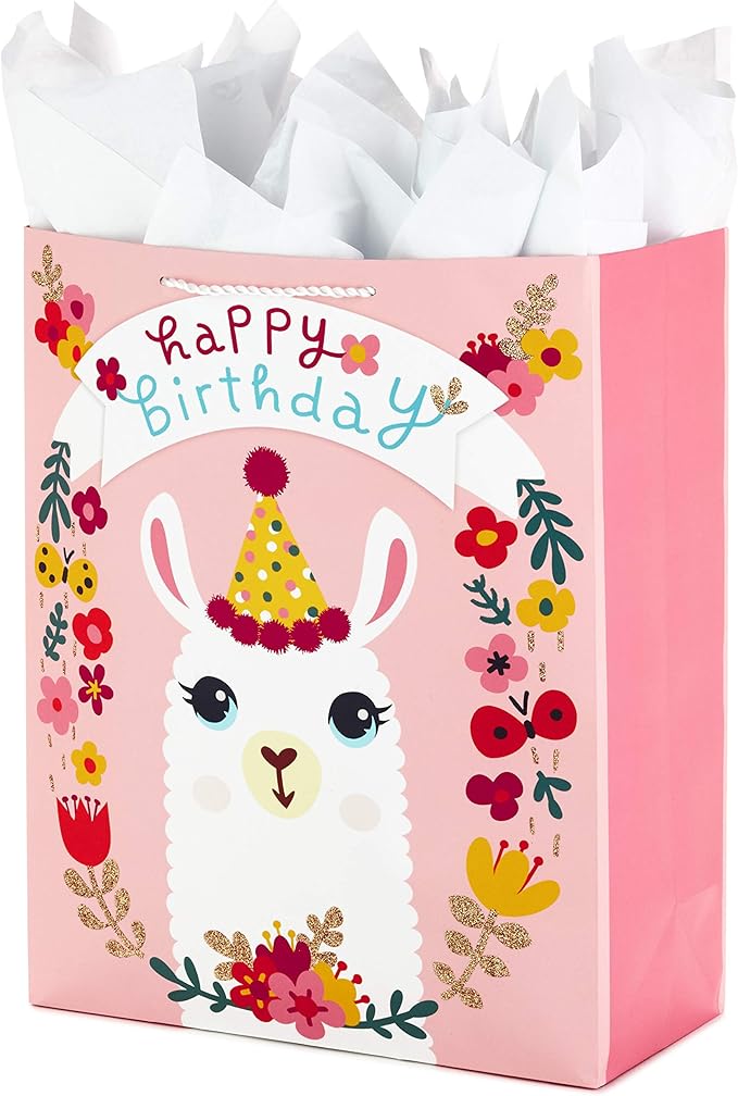 Hallmark 15" Extra Large Gift Bag with Tissue Paper for Birthdays (Llama and Flowers)