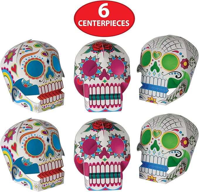 Beistle 6 Piece Three Dimensional Sugar Skull Day Of The Dead Centerpieces - Eye-Catching Dia De Los Muertos Party Decorations, Made In USA Since 1900