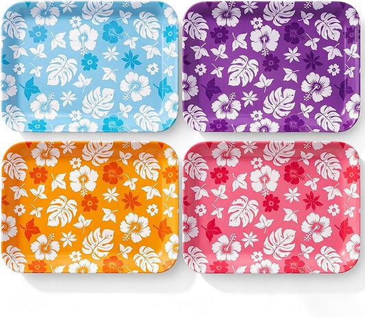 4 Pieces Tropical Serving Trays Hibiscus Floral Melamine Platters Reusable Rectangle Party Trays for Summer Hawaiian Luau Party Food Dessert Serving Supplies, 13 x 9.7 inch
