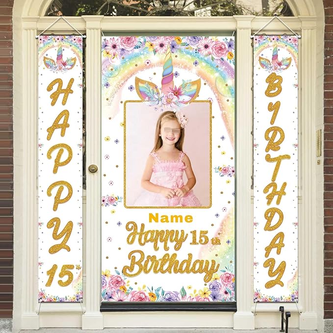 Custom Photo Birthday Banner Set Personalized Door Banners Polyster Backdrop Party Decorations Supplies Background for Birthday Newborn Baby Shower Celebration(Unicorn)