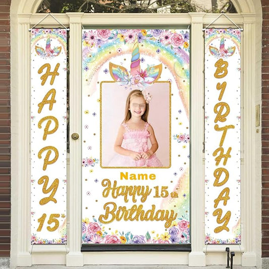 Custom Photo Birthday Banner Set Personalized Door Banners Polyster Backdrop Party Decorations Supplies Background for Birthday Newborn Baby Shower Celebration(Unicorn)
