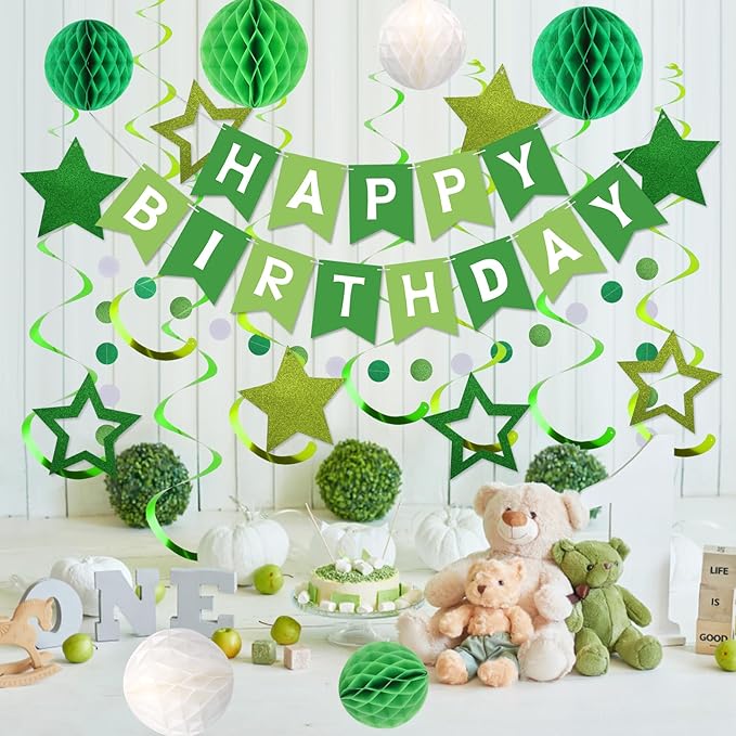 meowtastic Birthday Decorations, Happy Birthday Banner with Honeycomb Balls, Stars Hanging Swirls Streamers, Circle Dots Garland, Happy Birthday Party Decorations for Women Men Boys Girls (Green)