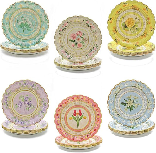 102-Pack Floral Paper Plates, Tea Party Decorations, 9 Inch Disposable Floral Plates for Tea Party, Baby Shower, Bridal Shower, Birthday, Wedding and Any Celebration