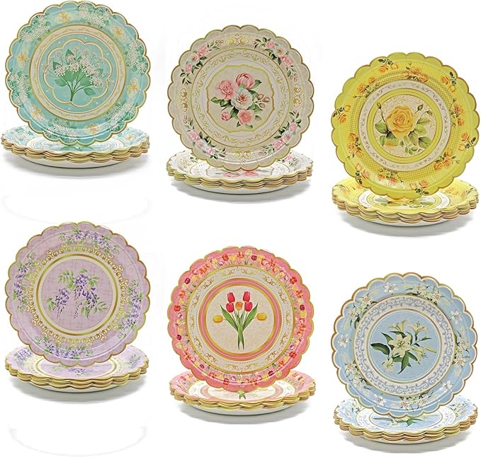 84-Pack Floral Paper Plates, Tea Party Decorations, 9 Inch Disposable Floral Plates for Tea Party, Baby Shower, Bridal Shower, Birthday, Wedding and Any Celebration
