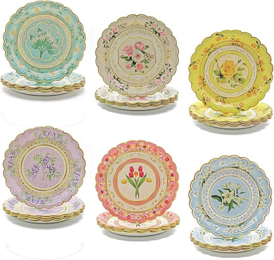 84-Pack Floral Paper Plates, Tea Party Decorations, 9 Inch Disposable Floral Plates for Tea Party, Baby Shower, Bridal Shower, Birthday, Wedding and Any Celebration