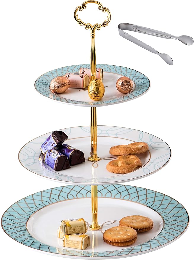 Jusalpha 3-tier Elegant Blue Ceramic Cake Stand/Cupcake Stand/Dessert Stand/Tea Party Pastry Serving Platter/Food Display, Stand, Comes In a Gift Box- Free Sugar Tong JQ-3RG (Blue)