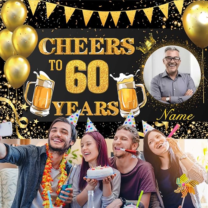 Custom 30/35/40/45/50/55/60/65/70/75/80/85/90/95/100th Black and Gold Happy Birthday Party Decorations Supplies Personalized Black and Gold Birthday Backdrop Banner(5x7.5ft)
