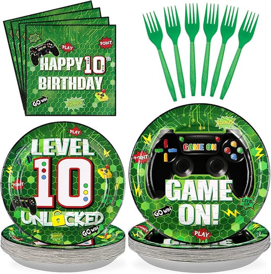 96Pcs 10th Birthday Video Game Party Supplies Green Video Game Paper Plates and Napkins Tableware Sets Video Game Birthday Decorations for Kids Boys 10th Birthday Gamer Gaming Party Serves 24
