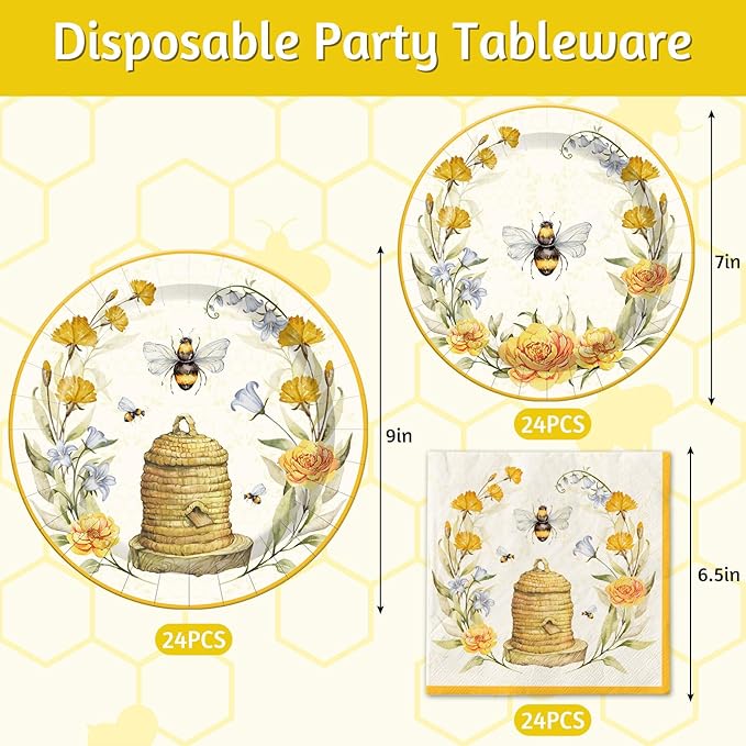 Whaline Bee Paper Plates and Napkins Set Summer Bee Flower Disposable Dinnerware for Wedding Birthday Baby Shower Holiday Tableware Party Supplies Table Decor, Serve 24