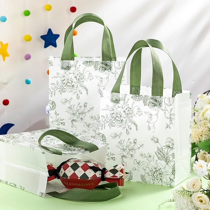 Sweetude 16 Pcs Sage Green Floral Gift Bags Floral Gift Bag with Handles Flower Party Favors Non Woven Reusable Tote for Women Wedding Birthday Baby Shower Mothers Day Party Decorations