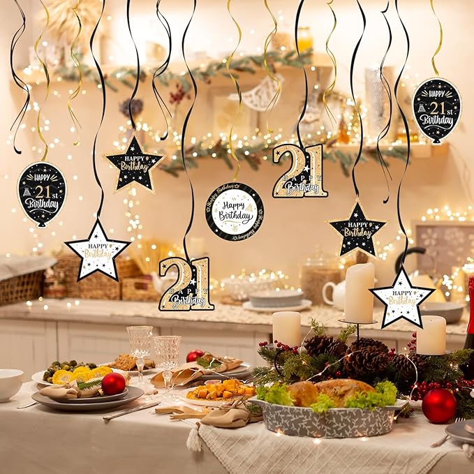 Happy 21st Birthday Black & Gold Glitter Swirls Streamers Party Decorations - 15 Pcs 21st Birthday Hanging Swirls Streamers Kit,Perfect for 21st Bday Party Sign.