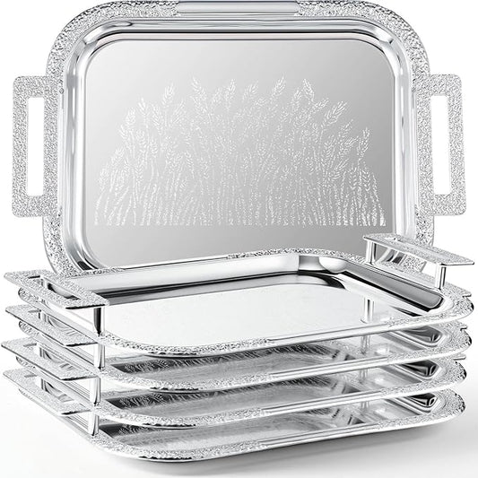 4 Pcs Silver Serving Tray with Handles Elegant Victoria Floral Engraved Metal Platters Large Decorative Trays for Buffet,Wedding Party, Jewelry Display, Service (Modern,Sliver)