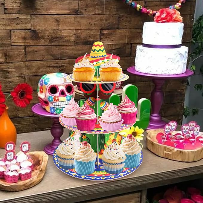 Fiesta Party Decorations 3 Tier Mexican Cupcake Stand Cinco De Mayo Cupcake Stand Taco Birthday Party Supplies Fiesta Cactus Dessert Holder Display for Baby Shower Decorations