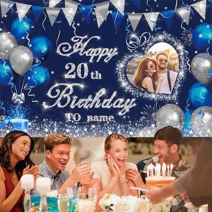 Dicodes Custom Navy Blue and Silver Theme Birthday Banner for Party Happy Birthday Backdrop Decoration Personalized with Name and Photo