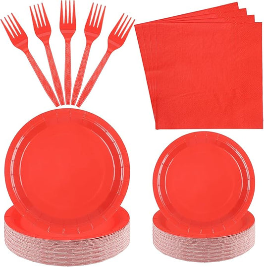 100 Count Red Paper Plates and Napkins Red Party Tableware Set Red Disposable Plates Napkins and Forks for Wedding Birthday Party Bridal Shower Baby Shower, Serve 25