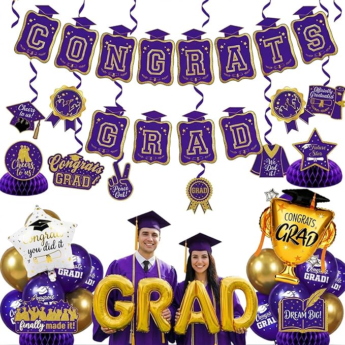 Purple Gold Balloon Garland Arch Kit with backdrop Stars Graduation Cap crown GRAD Letters Mylar Balloons for 2026 graduate Prom Decorations