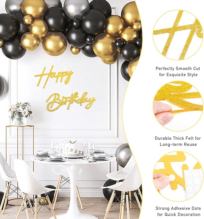 CANREVEL Happy Birthday Sign for Backdrop, Glitter Felt Gold Happy Birthday Banner, Golden Birthday Party Decorations for Girl Boy Women Men, Wall Decor Balloon Arch Photo Prop