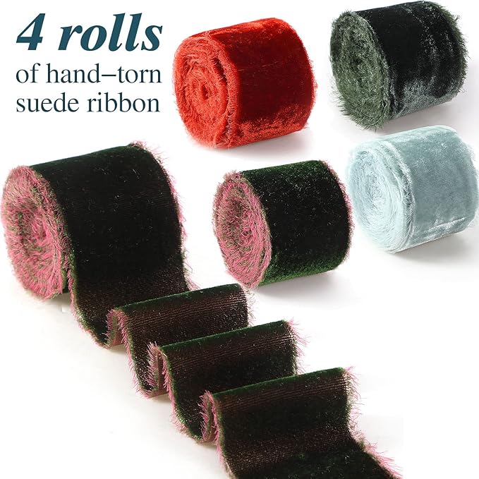 Canlierr 4 Roll Valentine's Day Silk Velvet Ribbon for Gift Wrapping Fringe Fabric Frayed Velvet Ribbon Raw Edge for Valentine Day Party Wedding Decor Bouquet Basket Hair(Classic Color,2 in X 8 yd)