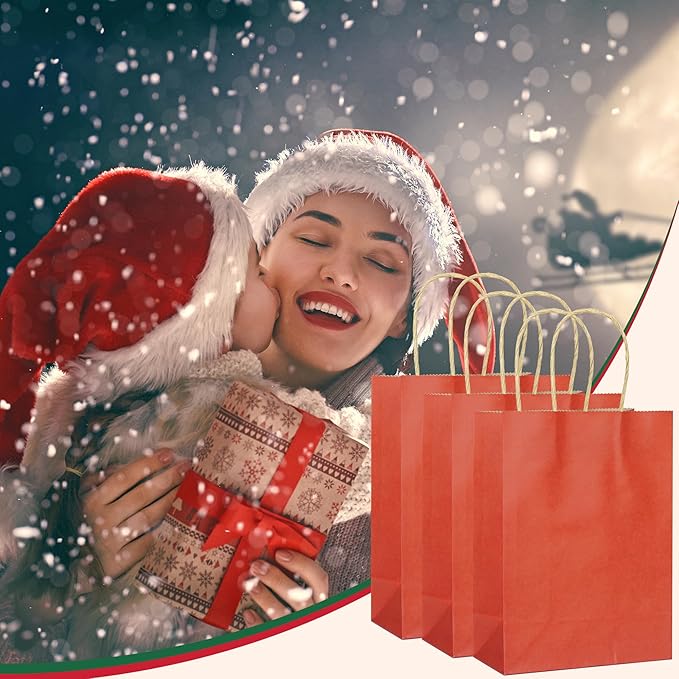 25 PCS Small Dark Red Gift Bags Kraft Paper Bags with Handles for Party Favor (8.2 x 6 x 3.1 in)
