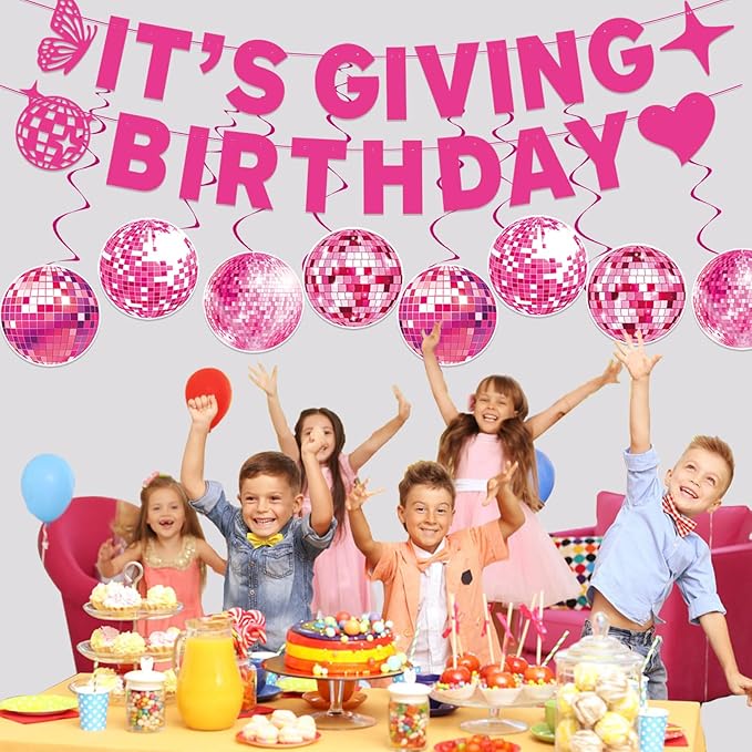 Pre-Strung Pink Birthday Decorations - Girls Women's 10PCS It's Giving Banner Hanging Swirls Decorations Supplies Cheers to Girl's Party