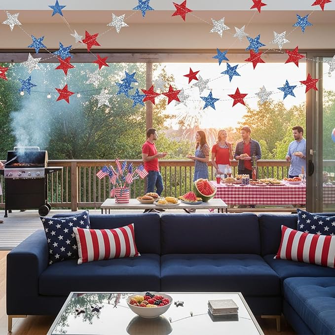 Patelai Glitter Star Garland Banner 2026 Graduation Decor 130 Feet Star Hanging Banner Twinkle Backdrop for Party Birthday Classroom Wedding Supplies(Red, Blue, Silver)