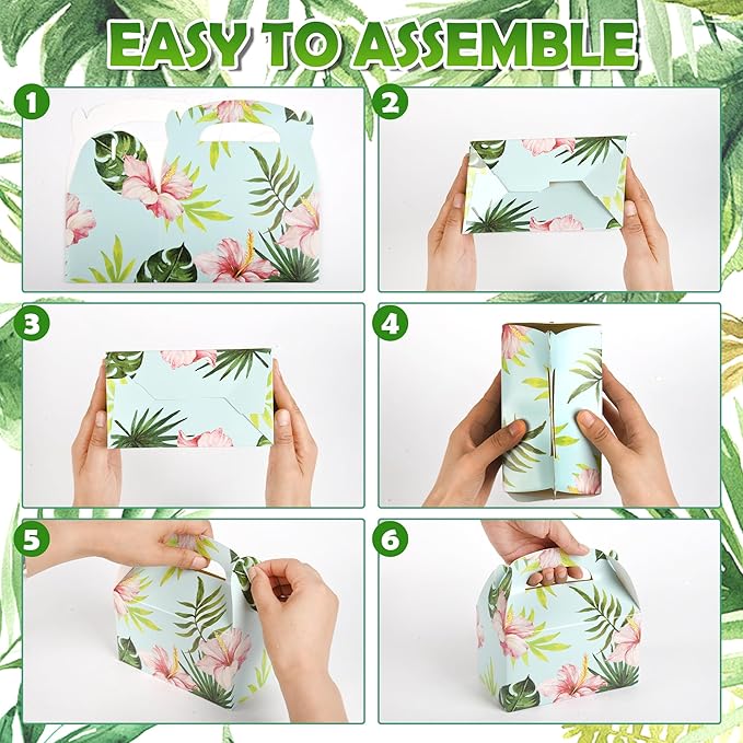 DjinnGlory 36 Pack Hawaiian Luau Party Favor Treat Boxes, Gable Boxes for Wedding, Bridal Shower, Annivesary Parties, All Occasion and Small Bussiness 6.18x3.58x3.39 Inches (Tropical Palm Leaf)
