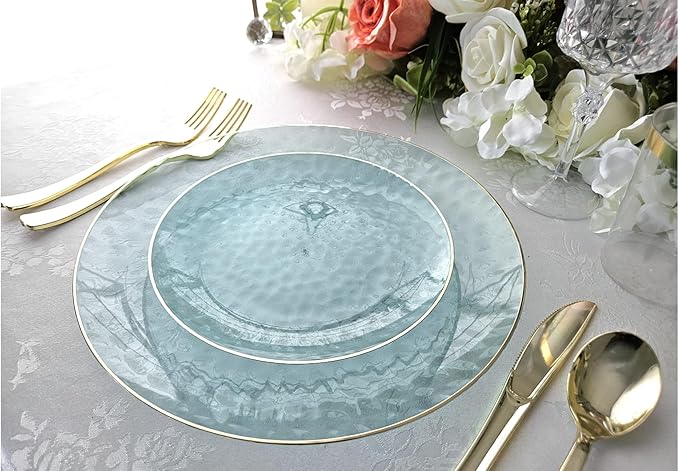 " OCCASIONS " 100 Plates Pack (50 Guests) Wedding Party Disposable Plastic Plate Set -50 x 10'' Dinner + 50 x 7'' Salad/dessert plates (Coastal Clear Blue & Gold)