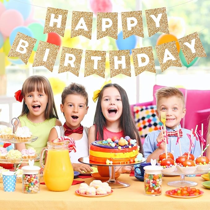 Hooqict Gold Happy Birthday Banner Sign for Backdrop Gold Happy Birthday Decorations for Women Men Kids 1st 2nd 3rd Party Supplies Wall Door Banner Garland Bunting Flag