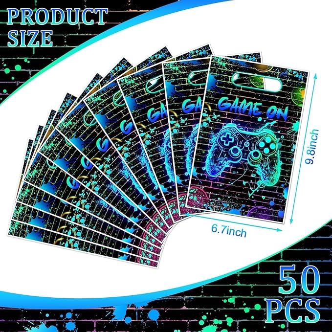 50 Pcs Video Game Birthday Plastic Goodie Bags With Handles Gamer Treat Favor Plastic Gift Bags for Boy Gaming Birthday Party Decorations