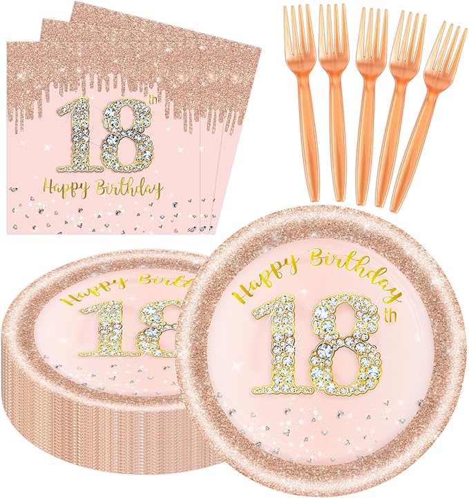 60 PCS 18th Birthday Decorations for Women, 18th Birthday Plates and Napkins Rose Gold Disposable Tableware Set Party Supplies for Women Cheers to 18 Years Anniversary (18TH)