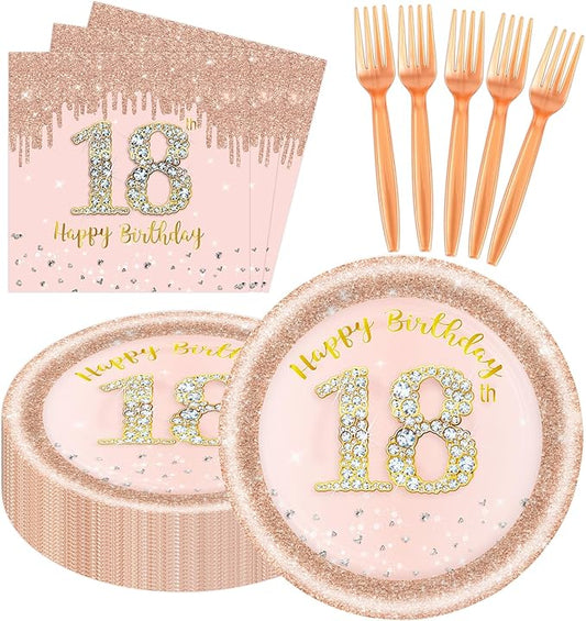 60 PCS 18th Birthday Decorations for Women, 18th Birthday Plates and Napkins Rose Gold Disposable Tableware Set Party Supplies for Women Cheers to 18 Years Anniversary (18TH)