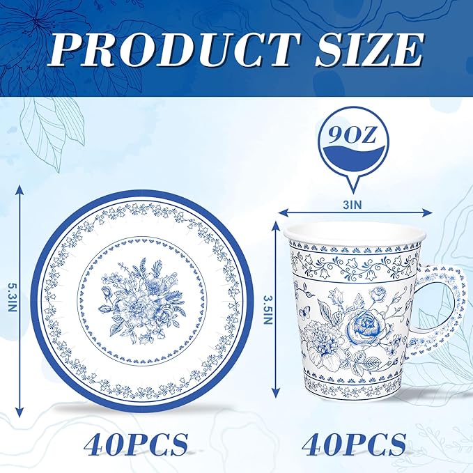 Whaline 80Pcs Blue White Floral Paper Tea Cups and Saucers Porcelain Chinoiserie Flower 9oz Disposable Teacups with Handle Dessert Plates for Wedding Baby Shower Birthday Spring Tea Party, Serves 40