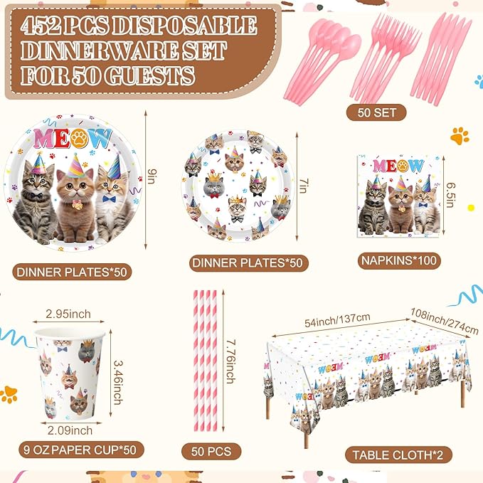 Funnymoom 452 Pcs Cat Birthday Party Decorations for 50 Guests, Cat Paper Plates Napkins Cups Tablecloth Cutlery Straws Disposable Tableware Set for Kitten Lover Birthday Party Supplies