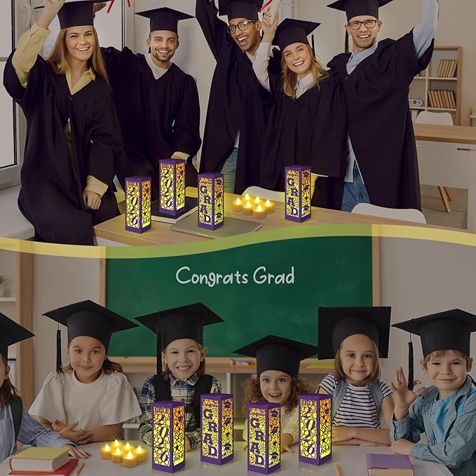 Rossesay 6 Pcs Graduation Table Centerpieces Boxes Class of 2026 Graduation Lanterns for Centerpieces with LED Candles Congrats Grad School College Photo Props for Party Table Decoration (Purple)