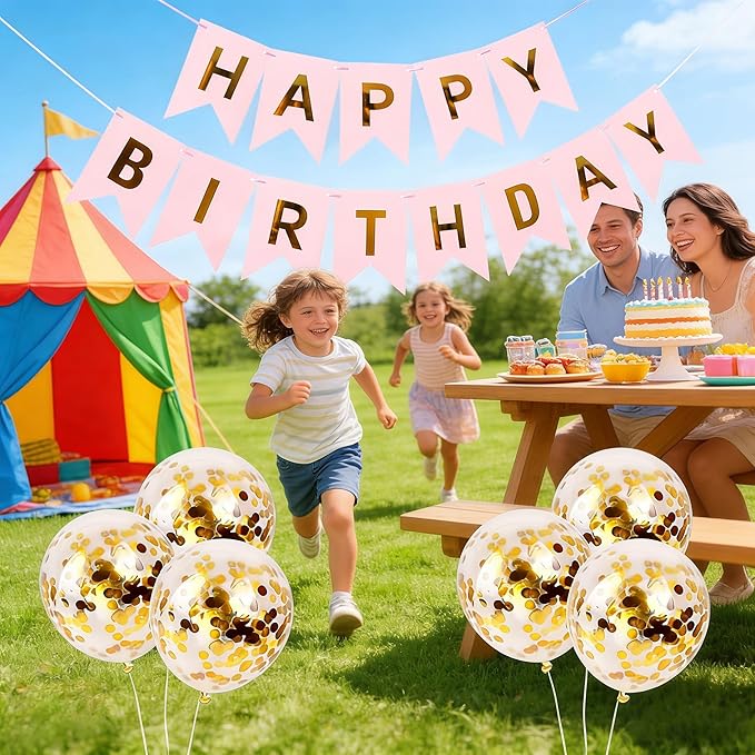 Happy Birthday Banner Sign Bunting Hanging Decorations with Shiny Gold Balloons Birthday Party Sign Decor for Party Supplies(Pink)