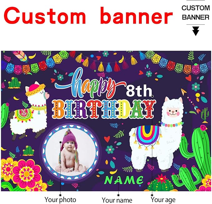 Custom Llama Cactus Happy Birthday Party Decorations Supplies Personalized Mexican Llama Cactus Birthday Backdrop Banner(4x6ft)