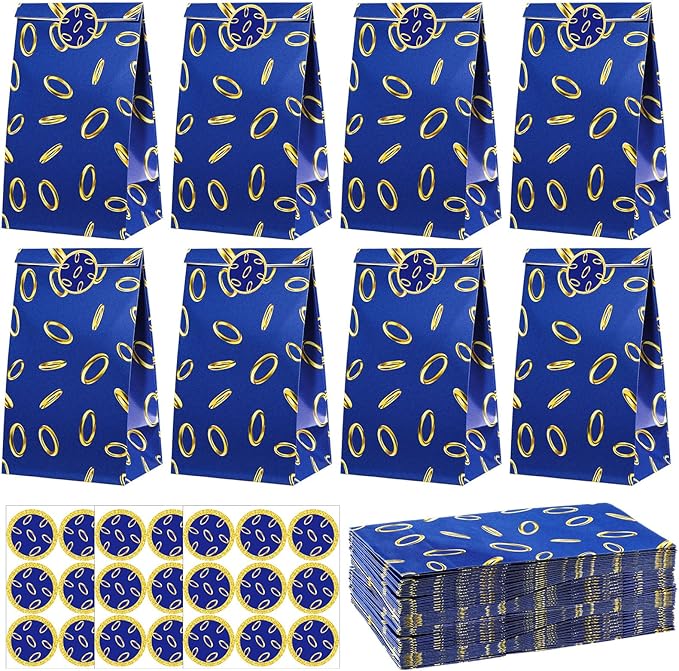 Faccito 24 Pcs Blue and Gold Ring Party Favors Bags Blue Gold Ring Goodies Candy Bags with Stickers Carton Themed Birthday Party Decorations for Gaming Candy Treat Snack Supplies