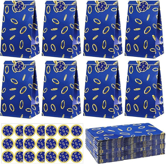 Faccito 24 Pcs Blue and Gold Ring Party Favors Bags Blue Gold Ring Goodies Candy Bags with Stickers Carton Themed Birthday Party Decorations for Gaming Candy Treat Snack Supplies
