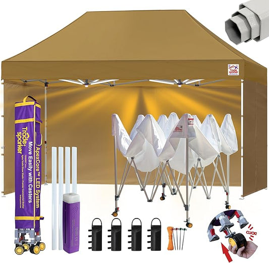 Tradesparker Pop Up Tent,Commercial Movable Canopy with ApexCore LED&Rugged Casters-Instant Easy Setup Shelter Canopies with Weight Bags&Stakes for Outdoor Events(10x15, with 4 Sidewalls, Khaki)