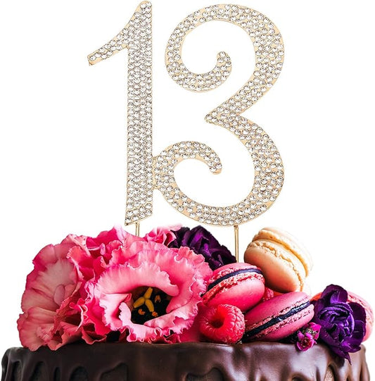 Bling Crystal Rhinestone 13 Birthday Cake Topper - Best Keepsake | 13th Party Decorations Gold