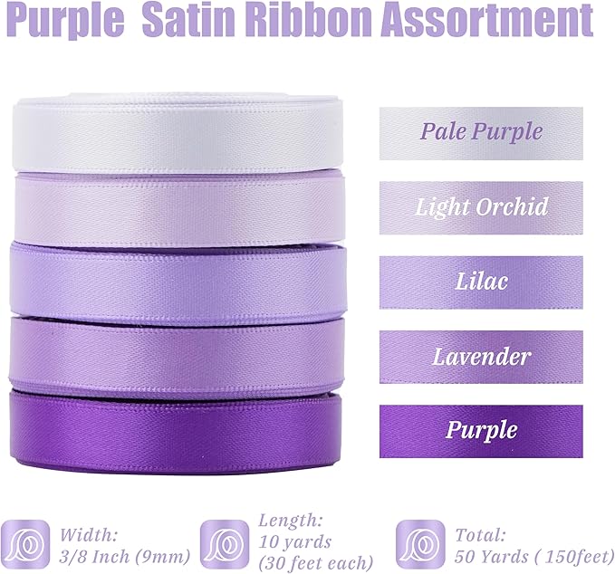 MAYREEL 3/8 Inch Purple Satin Ribbon for Gift Wrapping Wedding Bridal Shower Crafts 5 Rolls 10 Yards Each Color Total 50 Yards