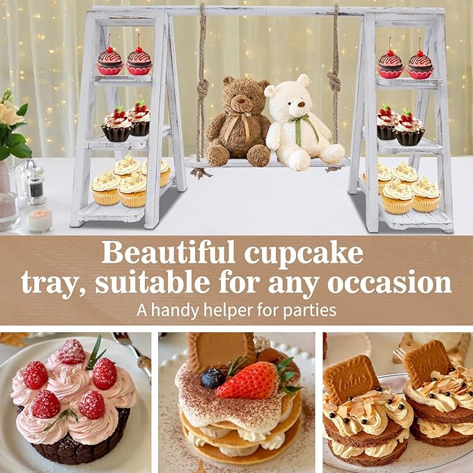 3 Tier Wooden Cake Stand with Tray Ladder,28.3×16.9 in Dessert Table Display Set, Cake Pop Stand,for Parties,Birthdays,Weddings, Baby Showers,etc (White)