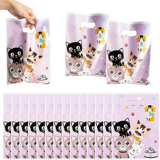 3sscha 50Pcs Cat Party Favor Bags Cute Kitten Themed Purple Waterproof Goodies Cookies Bag with Die Cut Handles Animals Pet Paw Glossy Plastic Gift Pack for Kid Birthday Party Decoration Supplies