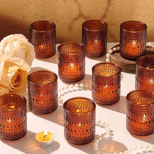 40Pcs Glass Votive Candle Holders, Amber Tea Light Candle Holders Vintage Fall Tealight Candle Holder Bulk for Autumn, Thanksgiving Table Centerpieces, Christmas Decor (Amber)