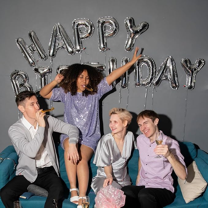 Silver Happy Birthday Balloon Banner Set -16 Inch Foil Letters Balloons, Reusable Birthday Decorations and Party Supplies, Suitable for Men and Women's Birthday Decorations，Party Backdrop